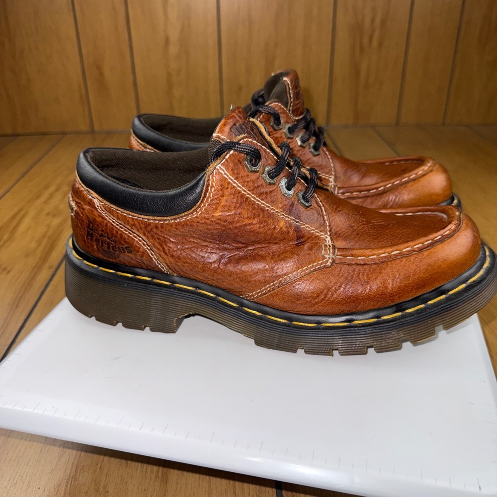 VTG Dr. Martens 8A25 Made in England Brown Leather Moc Toe Platform Shoes Mens 8
